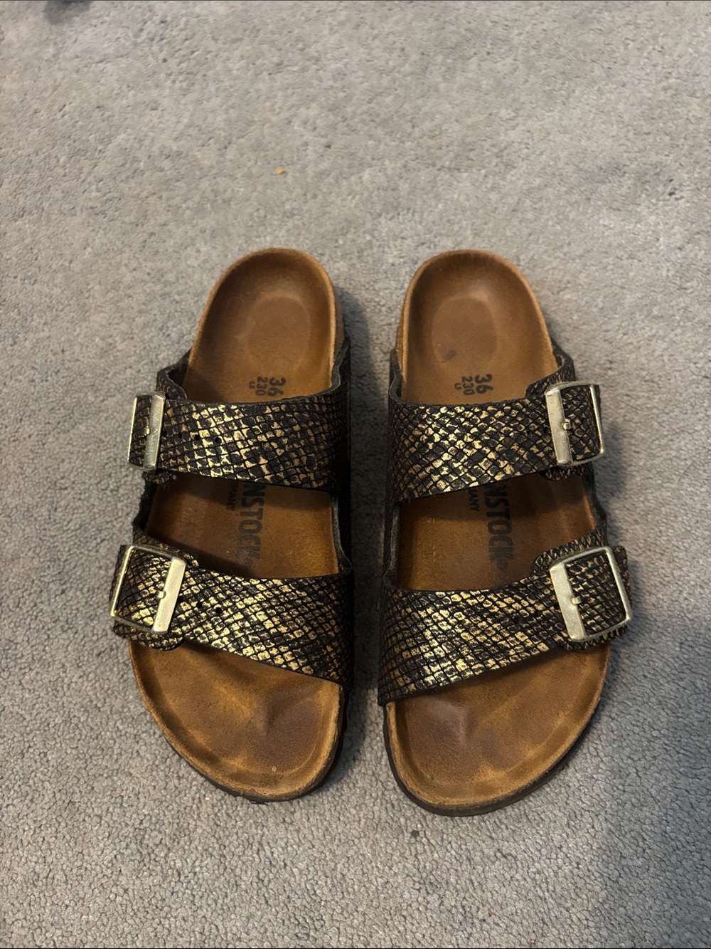 Birkenstock-Style Double Strap Sandals in Metallic Black/Gold